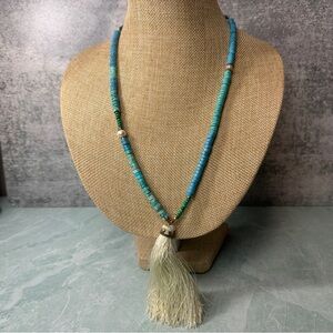 Anthropologie Serefina Blue and Green Beaded Necklace with Tassel Adjustable